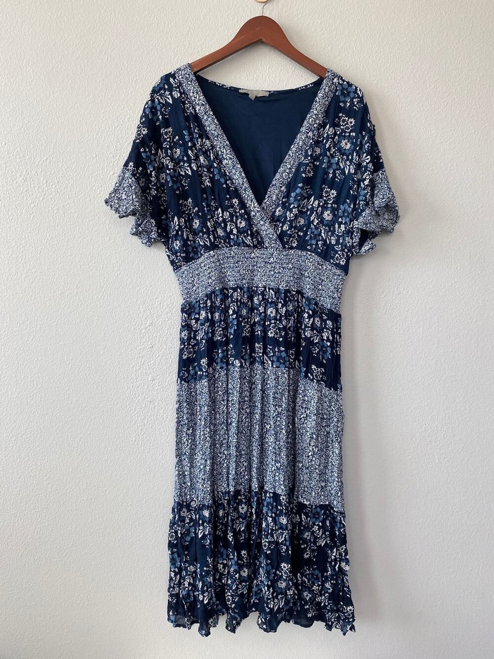 J. Gee Navy Blue Floral Maxi Dress 2X Smocked Waist Flutter Sleeve Boho Peasant